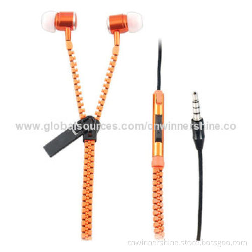 Earphones for iPhone, iPad with Fashionable Metallic Zipper, 3.5mm Plug, Super Bass/Tangle-free, OEM